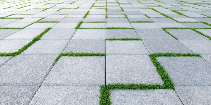 Paved walkway with geometric pattern of gravel and green grass in soft daylight