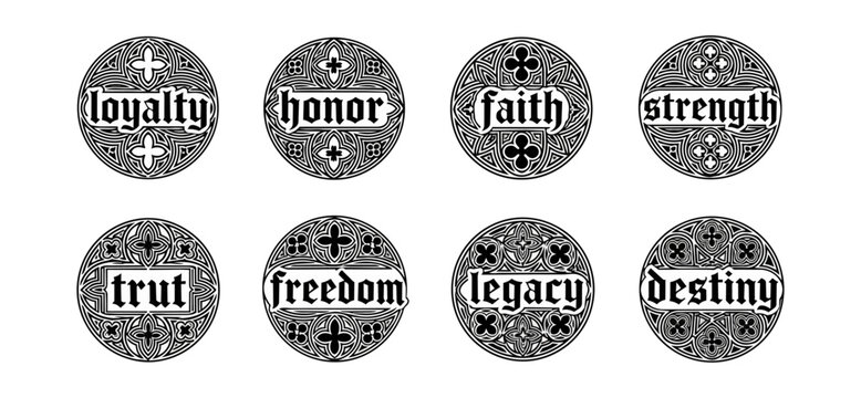 Conceptual graphic of abstract symbolism emphasizing virtues and ideals