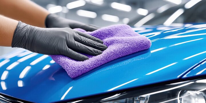 Close up of gloved hands polishing a shiny blue car hood with a microfiber cloth