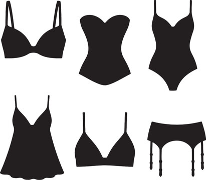 Lingerie silhouettes set black vector bra corset bodysuit babydoll bralette garter belt bundle