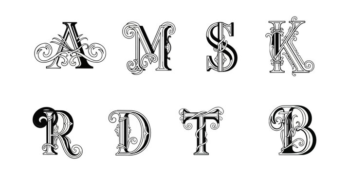 Elegant decorative alphabet letters on black background