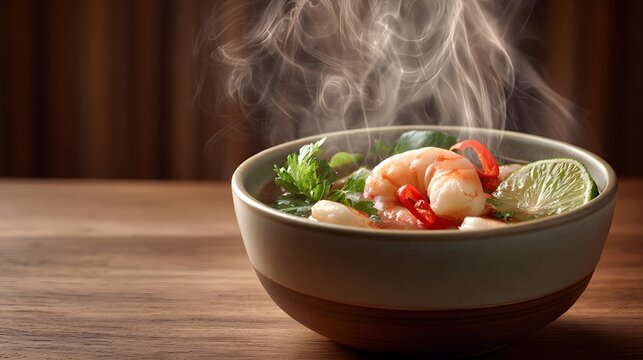Bowl of tom yum soup with shrimp and steam on wooden table.