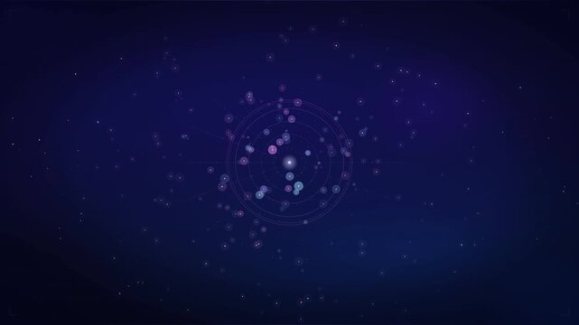 Cinematic motion background shifting from soft purple bokeh light leaks to a sharp, technical digital data interface and star map grid.