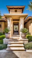 Fototapeta premium mansion. Elegant luxury house entrance with architectural details and blue sky. real-estate listings, architecture portfolios, designed for interior renovation comparisons for interiors. 