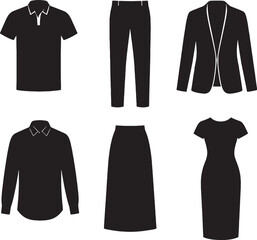 Naklejka premium Business Casual Clothing Silhouettes Set Polo Shirt Blazer Chinos Skirt Dress Vector Bundle