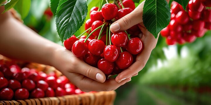 Hands gently picking ripe red cherries from a lush green tree branch