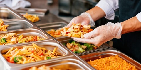 Obraz premium Chef serving food from a buffet line with stainless steel chafing dishes
