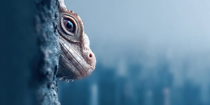 Close-up of a lizard's eye peeking from behind a textured rock surface