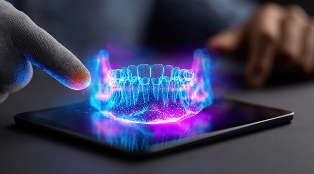 Futuristic digital scan of human teeth and jawbone displayed on a tablet