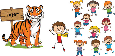 Fototapeta premium Tiger with wooden sign and happy kids illustration set, wildlife and children activity themed vector collection design