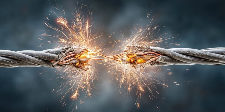 Close-up of frayed electrical wire sparking with intense energy and light
