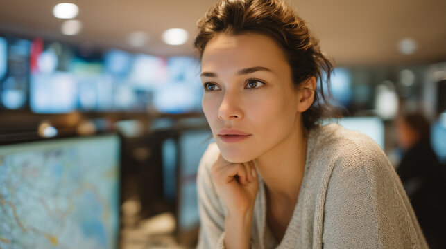 Female OSINT analyst in busy newsroom environment cross referencing social media metadata with satellite imagery, open source investigation, digital forensics, investigative journalism, intelligence