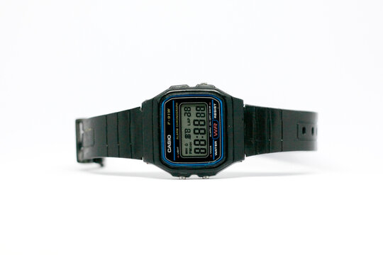 Close up of Casio F-91W wristwatch isolated on white background