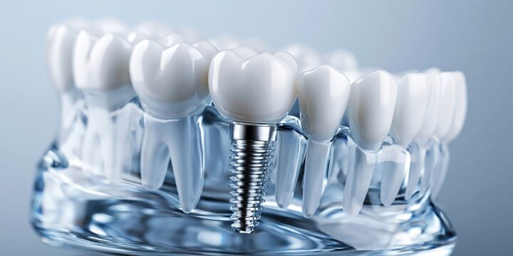 Close-up of a transparent dental jaw model showing a single tooth implant
