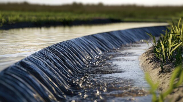 Water cascading over small dam in agricultural irrigation channel