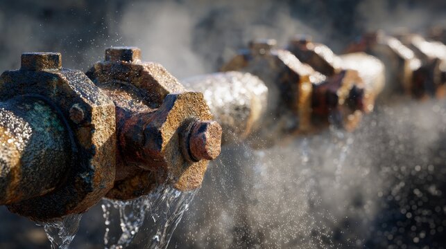 A close-up of a rusty pipe with water leaking and steam escaping from a damaged joint, against a blurred background