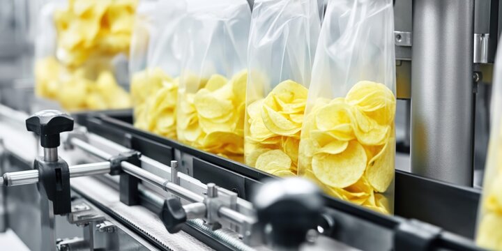 Automated potato chips packaging process on a modern factory conveyor belt