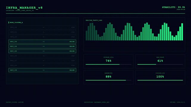 Infrastructure Manager Server Dashboard Green HUD Interface.