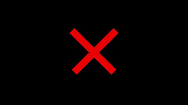 Red cross mark animation. X letter, crossed lines, denial concept, incorrect cross symbol animated red x mark for error or rejection.