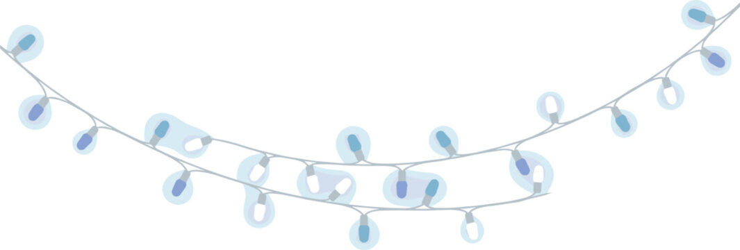 Christmas light garland with blue and white glowing bulbs on string, festive holiday decoration isolated on transparent background