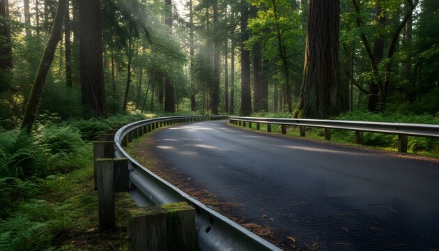 Curved guardrail in forest road winding through redwood trees with cinematic sunbeams for journey and road safety concept with lush green vegetation in early morning light