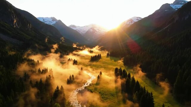 a wide alpine valley covered in golden morning mist, soft clouds drifting slowly, static cinematic shot