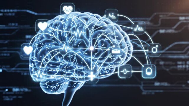 Glowing digital brain with a biometric fingerprint, dark tech background, illuminated neural pathways