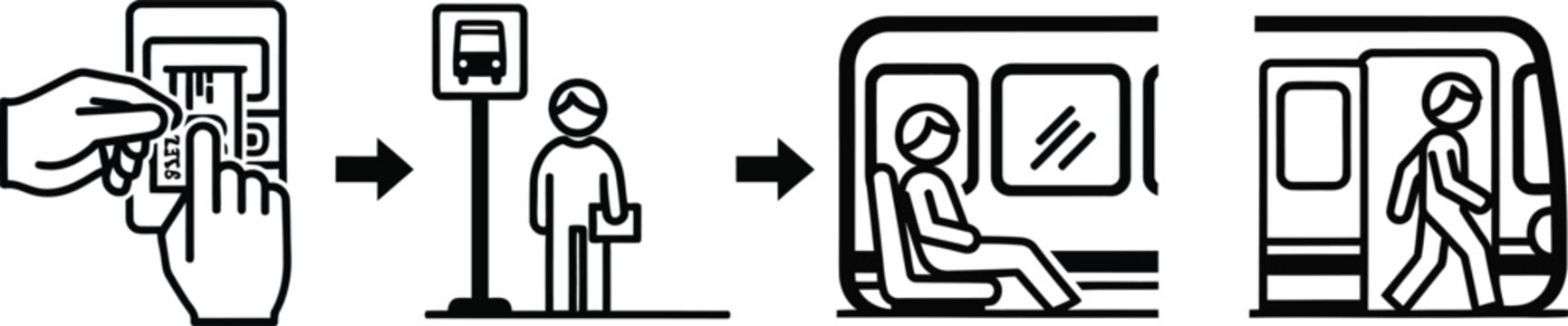 Public transport journey: booking ticket, waiting, boarding, and exiting train