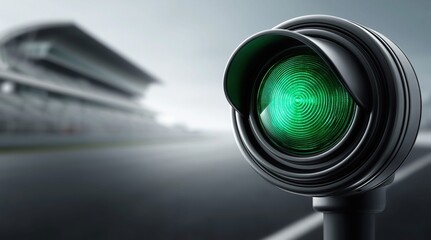 Naklejka premium Close up of a green traffic light on a race track with stadium in background