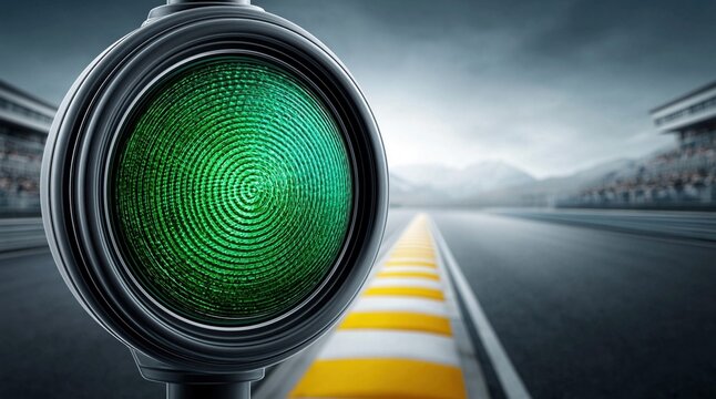 Close-up of a green traffic light on a race track, signaling go