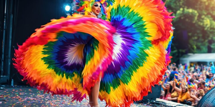 Vibrant drag queen in rainbow costume performs on outdoor stage with cheering crowd