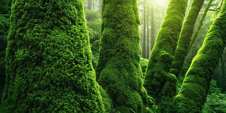 Lush green moss covers ancient tree trunks in a sun-dappled temperate rainforest