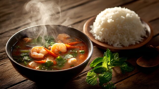 Bowl of tom yum soup with shrimp served with rice and herbs on wooden table.