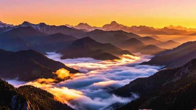 a distant mountain range under warm sunrise glow with fog slowly moving between layers, static composition