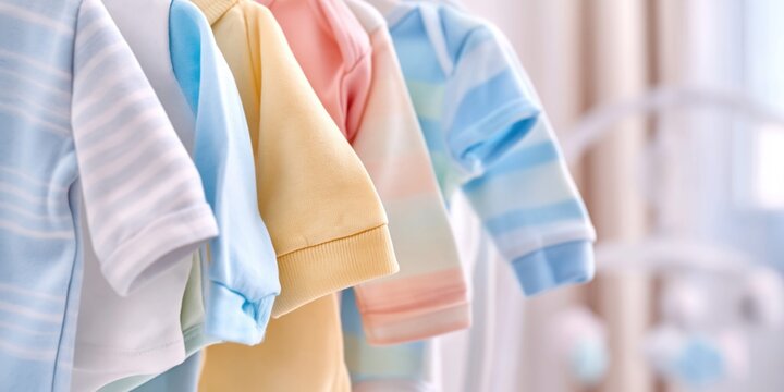 Soft pastel baby clothes hanging on a rack, ready for a newborn's arrival