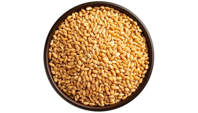 Overhead shot of a dark-brown, ceramic bowl filled to the brim with light-brown wheat kernels against a plain white background