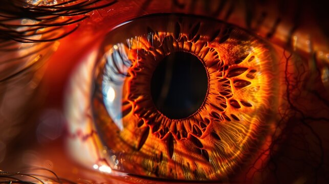 Human retina affected by autoimmune uveitis, visible choroidal inflammation and vascular changes, orange-red retinal tones, circular frame