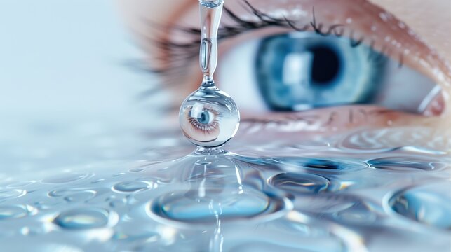 Close-up of corticosteroid eye drops being applied to an inflamed eye, uveitis treatment concept, macro lens detail, water droplet suspended mid-air