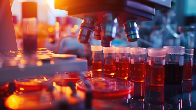 Laboratory scene with blood sample tubes, HLA-B27 autoimmune marker test, microscope and petri dishes, medical research for uveitis diagnosis