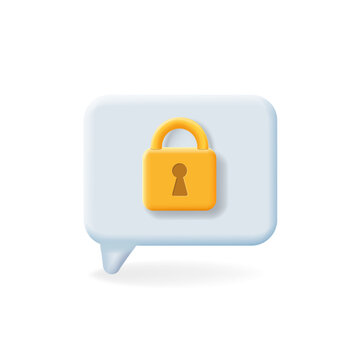 3D speech bubble. vector talking box, chatting box, message dialog balloon with yellow padlock . Secure communication, privacy, protected messages, data security, chat protection and encrypted messagi