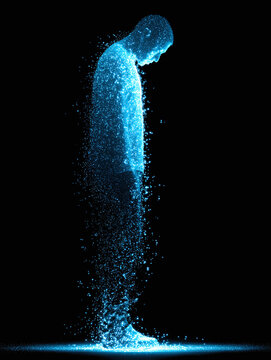 human silhouette dissolving into thousands of gloving parts