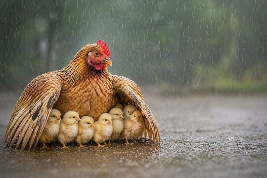 A mother hen shelters her chicks under her wings from the rain, a concept of safety and family care; a metaphor for resilience and protection for advertising about insurance and safety for parents.
