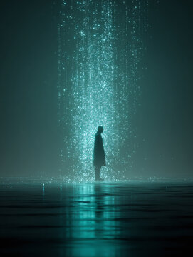 human silhouette under thousands of gloving parts
