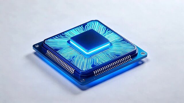 Blue glowing microchip on white surface