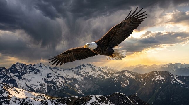 Majestic Bald Eagle Flying Over Snowy Mountain Range at Sunset