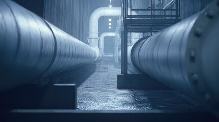 Fototapeta premium Industrial pipes running through a utility underground corridor