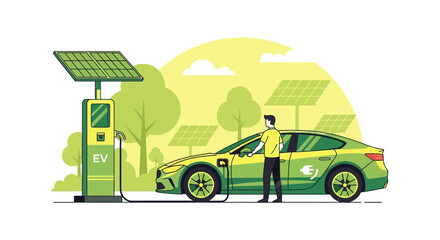 Obraz premium Electric car charging at solar powered station, eco-friendly transport concept
