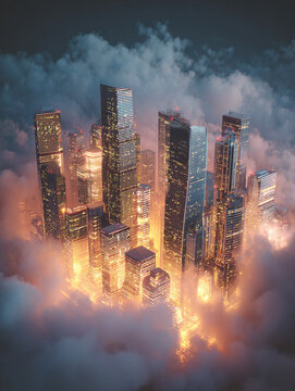 futuristic city with skyscrapers floating in the clouds