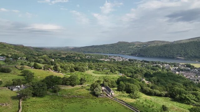 Cinematic Aerial View of Dinorwig Slate Quarry Above Llanberis Village and Llyn Padarn