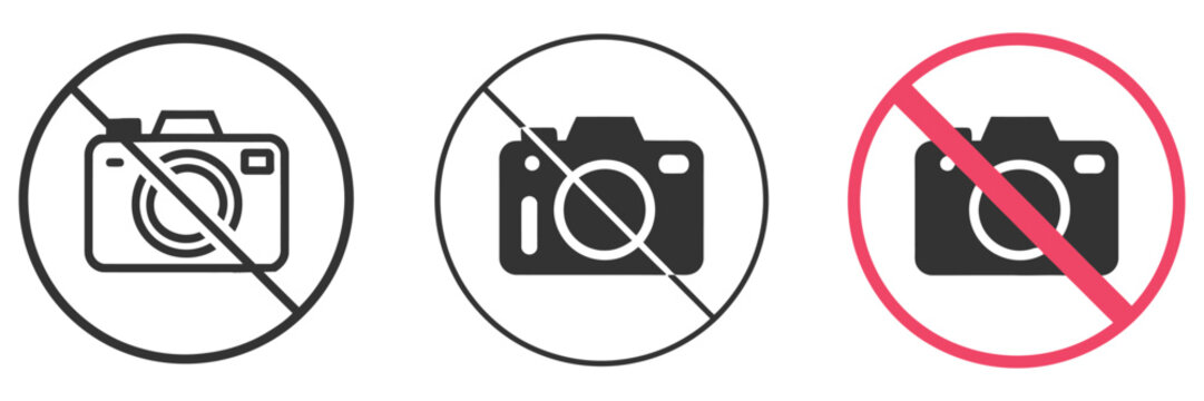 no photo icon forbidden camera symbol ban photography signs, prohibited take photo symbols with stop recording icons, black and red warning colors, bold vector sign set for security, privacy